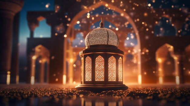 A lantern in front of a mosque with lights in the background