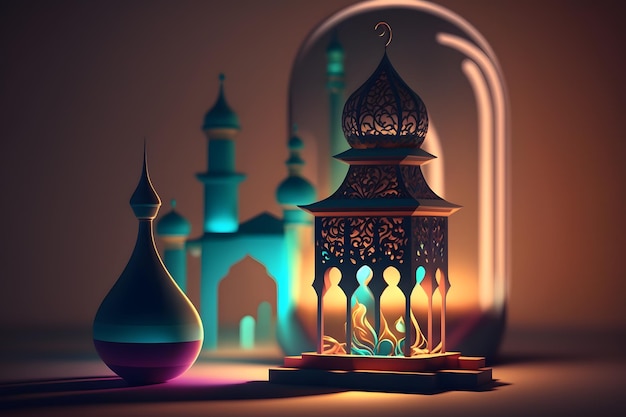 A lantern and a glass jar with the word ramadan on it.