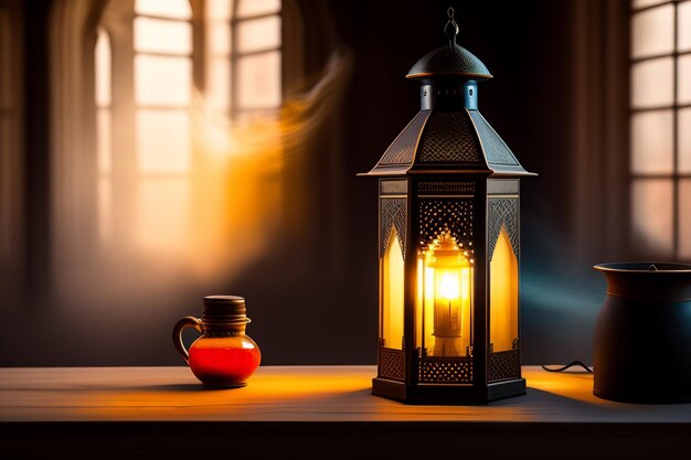 A lantern and a glass of liquid are on a table.