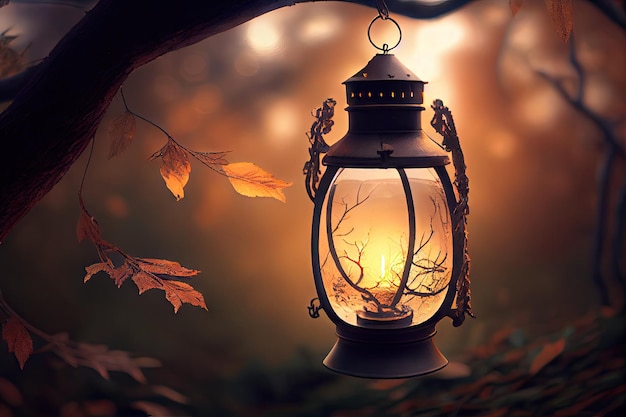 Lantern hanging from tree branch casting warm light over forest scene