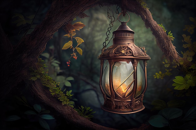 Lantern hanging from tree branch surrounded by lush greenery