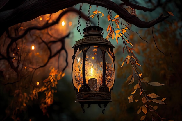 Lantern hanging from tree branch surrounded by nature
