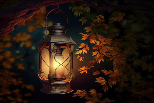 Lantern hanging from tree branch with the lantern light shining through the foliage