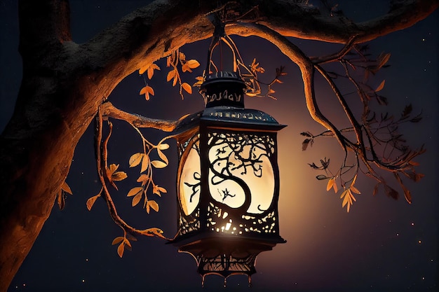 Lantern hanging from tree branch with the moon shining in the night sky