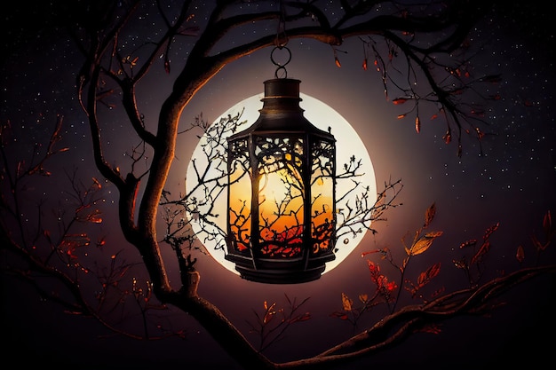 Lantern hanging from tree branch with the moon shining in the night sky