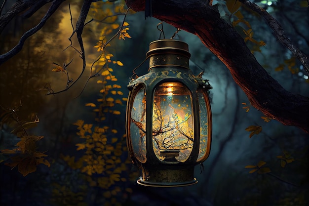 Photo lantern hanging from tree branch with view of the forest