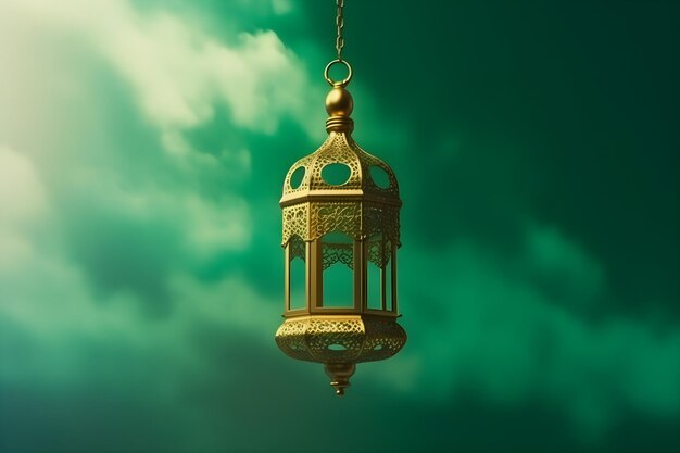 A lantern hanging in the sky on green background Generative AI