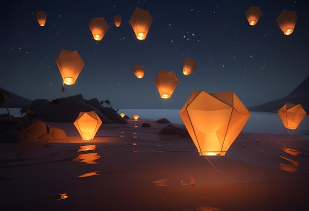 A lantern is floating on the beach at night.