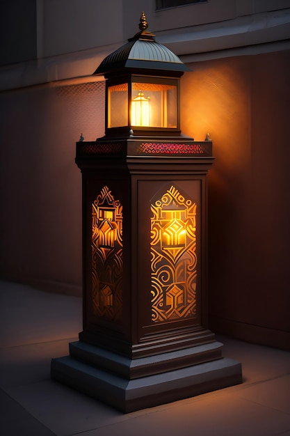 A lantern is lit up in front of a wall that says ramadan