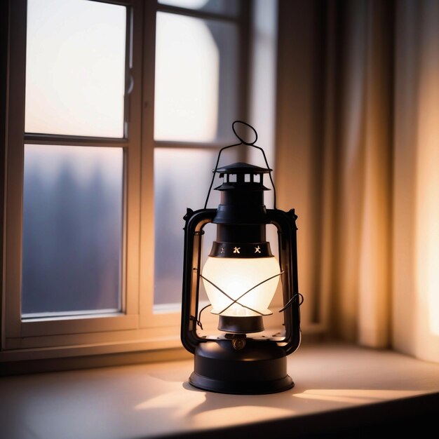 Photo a lantern is lit up in front of a window with the light shining on it