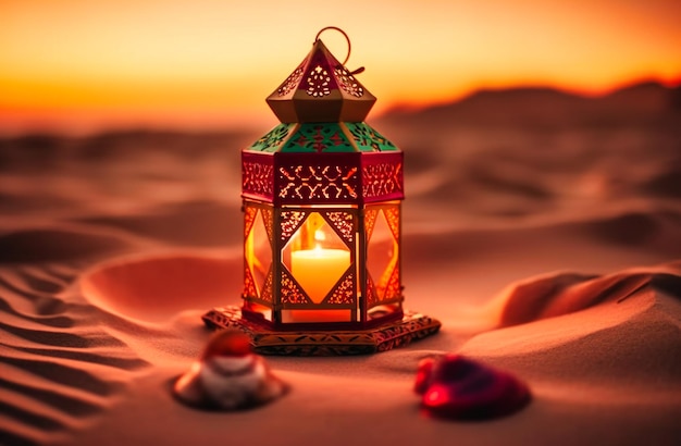 A lantern is placed on the sand at sunset