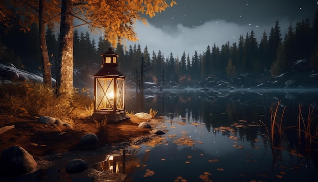 Photo a lantern on a lake with trees and starry night generative ai