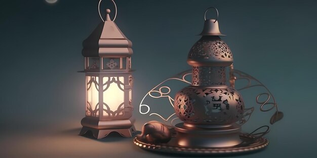 A lantern and a lamp are lit up in a dark room