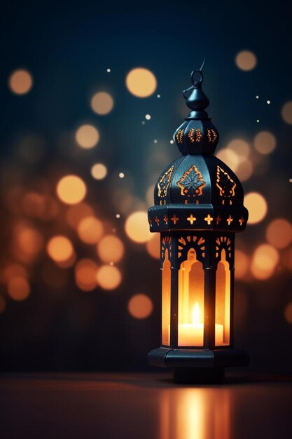 a lantern lit up on a table in front of a blurry background