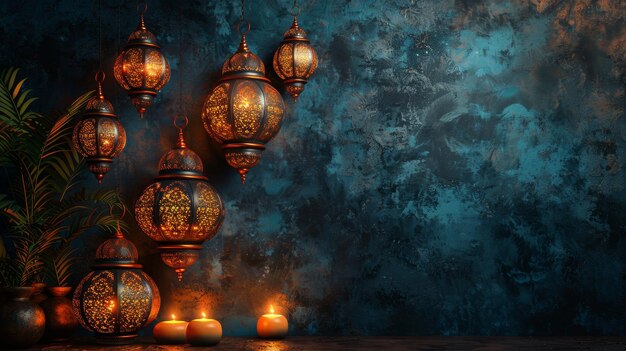 Foto lanterna a bassa luce per i saluti del ramadan e dell'eid