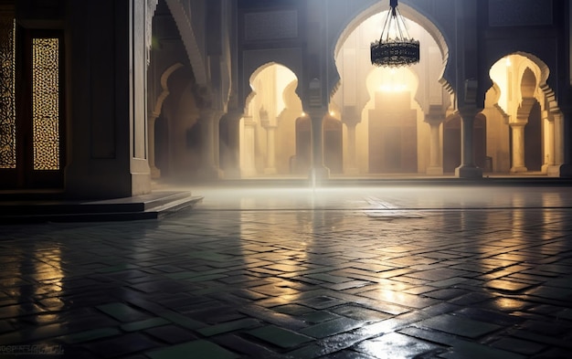 A lantern in the middle of the courtyard of an Islamic mosque with a cement floor reflecting foggy