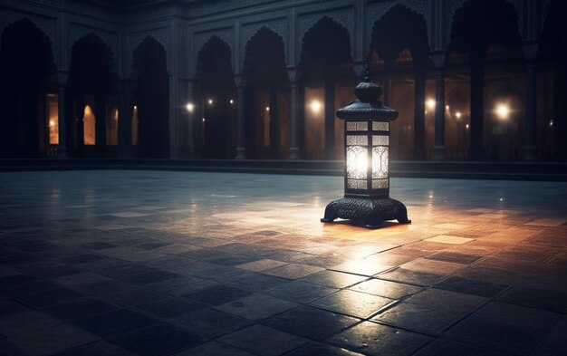 A lantern in the middle of the courtyard of an islamic mosque with a cement floor reflecting foggy