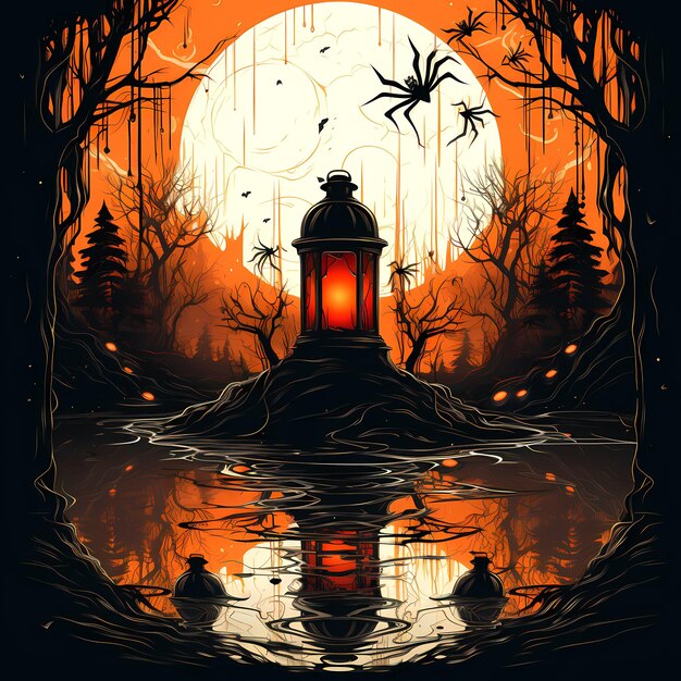 Lantern in the middle of lake with full moon in the background Generative AI