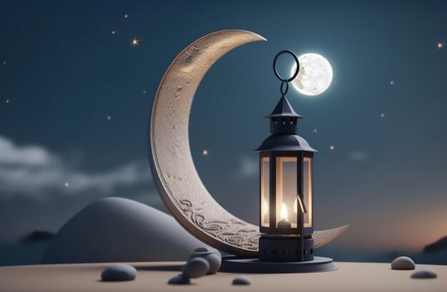 A lantern and a moon on a desert at night