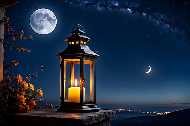 a lantern and a moon in the night sky