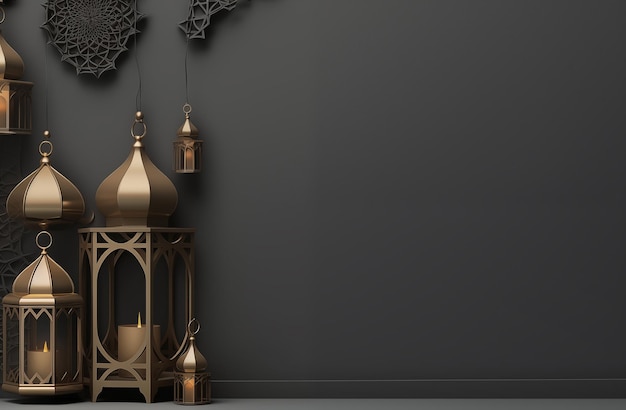 ラマダンの休日のために黒い背景のランタンとモスク