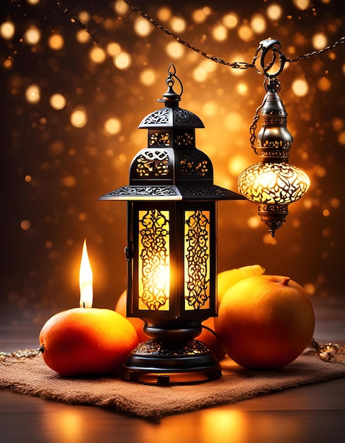 a lantern and oranges are on a table with candles and a candle