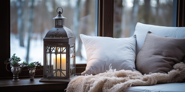 Lantern and pillows on the windowsill with a winter view