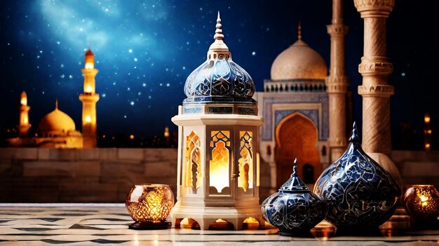 Foto lanterna ramadan islamica eid mubarak eid al adha decorazione del deserto sfondo con luci islamiche