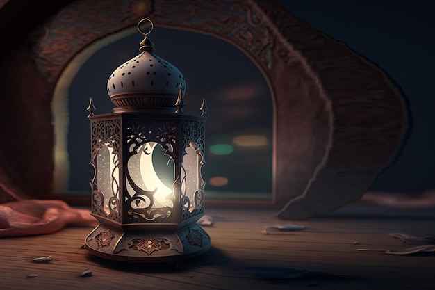 A lantern sits on a table in a dark room with a light on it.