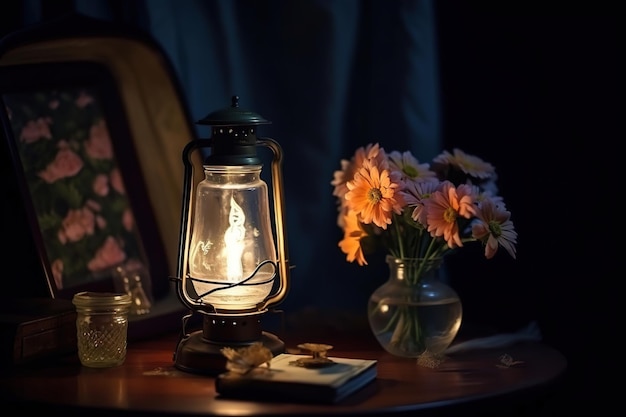 A lantern sits on a table with flowers in the background.