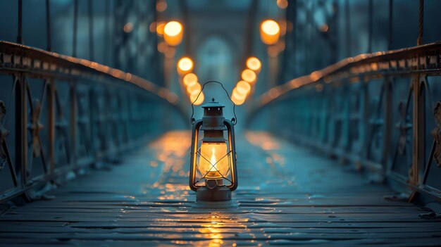 A lantern sits on a wooden bridge at night The lantern is lit and there is a blurred background of lights