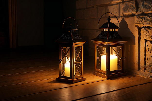 a lantern sitting on top of a wooden floor