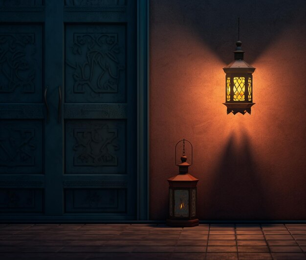 A lantern and a small lantern are on a wall.