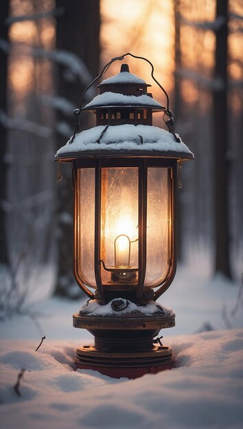 A Lantern in the snow covered forest during sunset time generated by AI