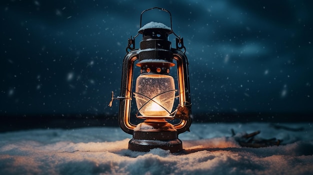 A lantern in the snow with a snowy background