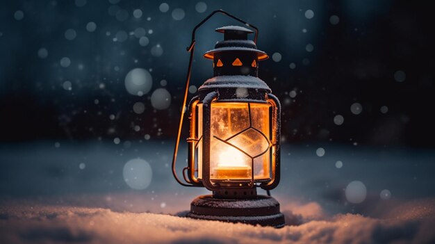 A lantern in the snow with the word fire on it