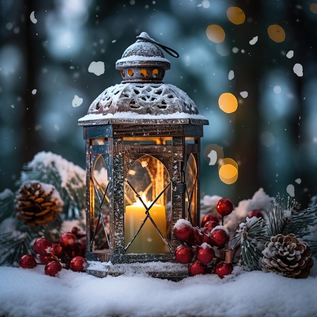 Lantern snowfall christmas decorationsai generated Christmas background illustration on white background