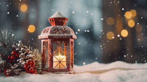 Lantern snowfall christmas decorationsai generated Christmas background illustration on white background