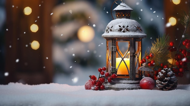 Lantern snowfall christmas decorationsai generated Christmas background illustration on white background