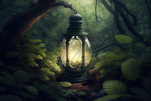 A lantern surrounded by a lush greenery in the forest