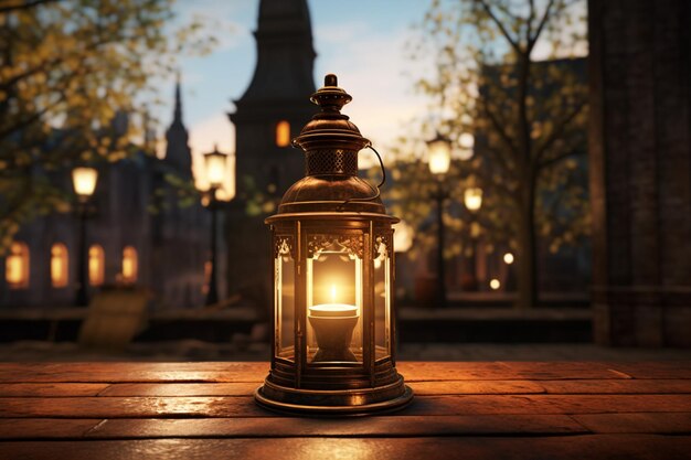 Lantern on a table in front of a church