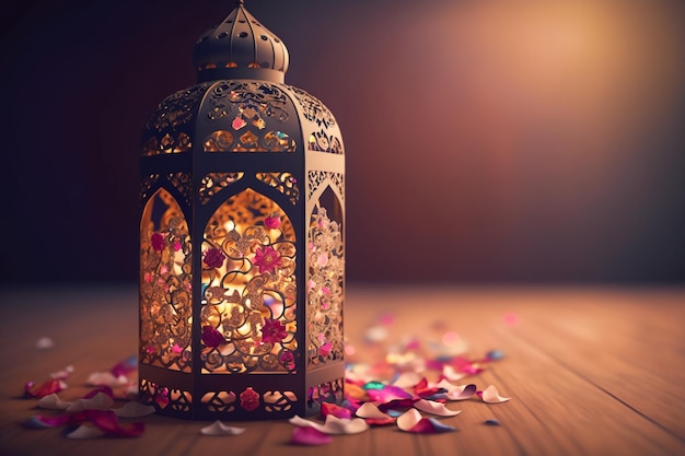 A lantern on a table Islamic background