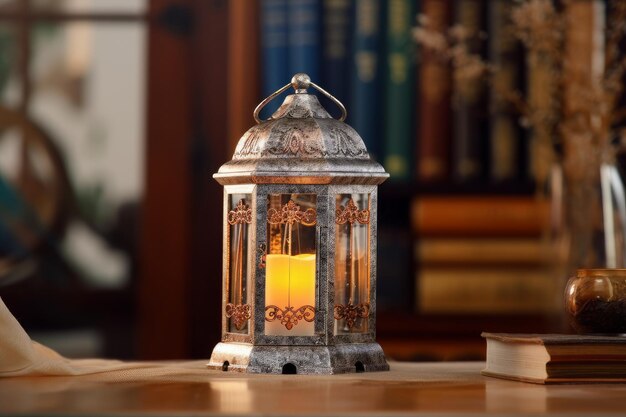 A lantern on a table with books on the table