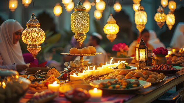 Photo lantern that have moon symbol on top and small plate of dates fruit with night sky and city bokeh light background for the muslim feast of the holy month of ramadan kareem