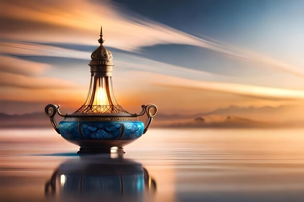 Photo a lantern in the water with a sunset background