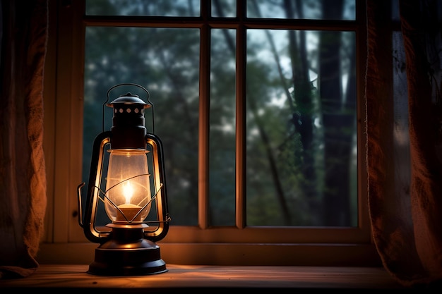 Photo lantern on the windowsill in the evening in the forest