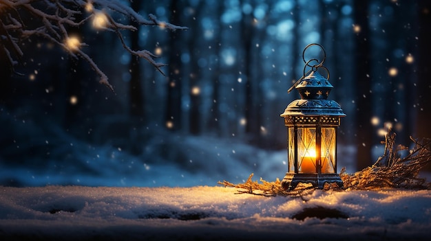 lantern in a winter forest with snow on the background