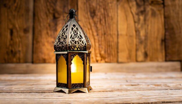 A lantern with arabic writing on it sits on a wooden table.