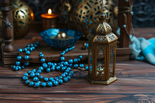 a lantern with a blue beaded necklace on it sits on a table with blue beads