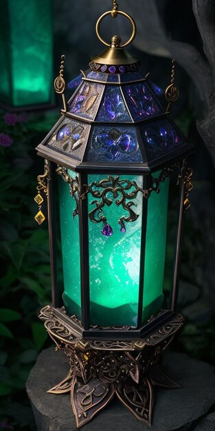 A lantern with blue crystals and a blue lamp with the word amethyst on it